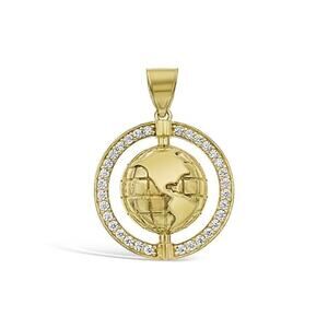 Globe Earth Pendant Charm 10k Yellow Gold CZ 1 inch